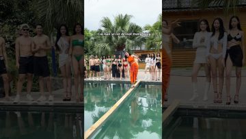 Coach Thanh Huyen – The catwalk challenge on a wooden beam over the swimming pool.