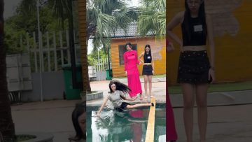 Thu Phương – The catwalk challenge on a wooden beam over the swimming pool.